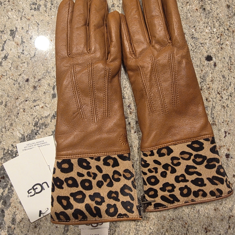 UGG Brown Leather Gloves with Leopard Print Cuff
